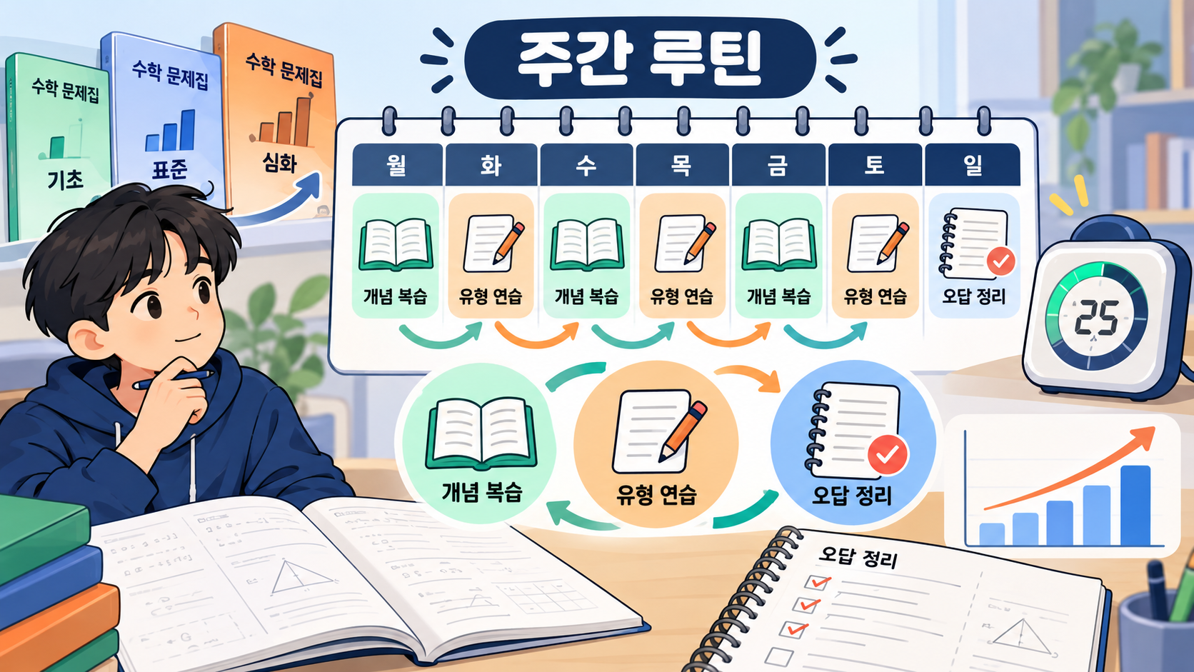 개념 복습 유형 연습 오답 정리로 구성한 중학 수학 주간 학습 루틴 정보카드