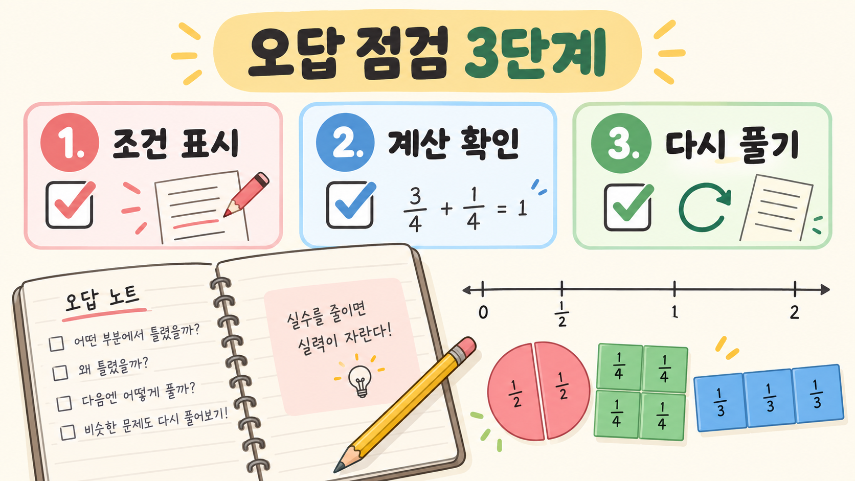 조건 표시, 계산 확인, 다시 풀기로 구성된 오답 점검 3단계 정보 그림