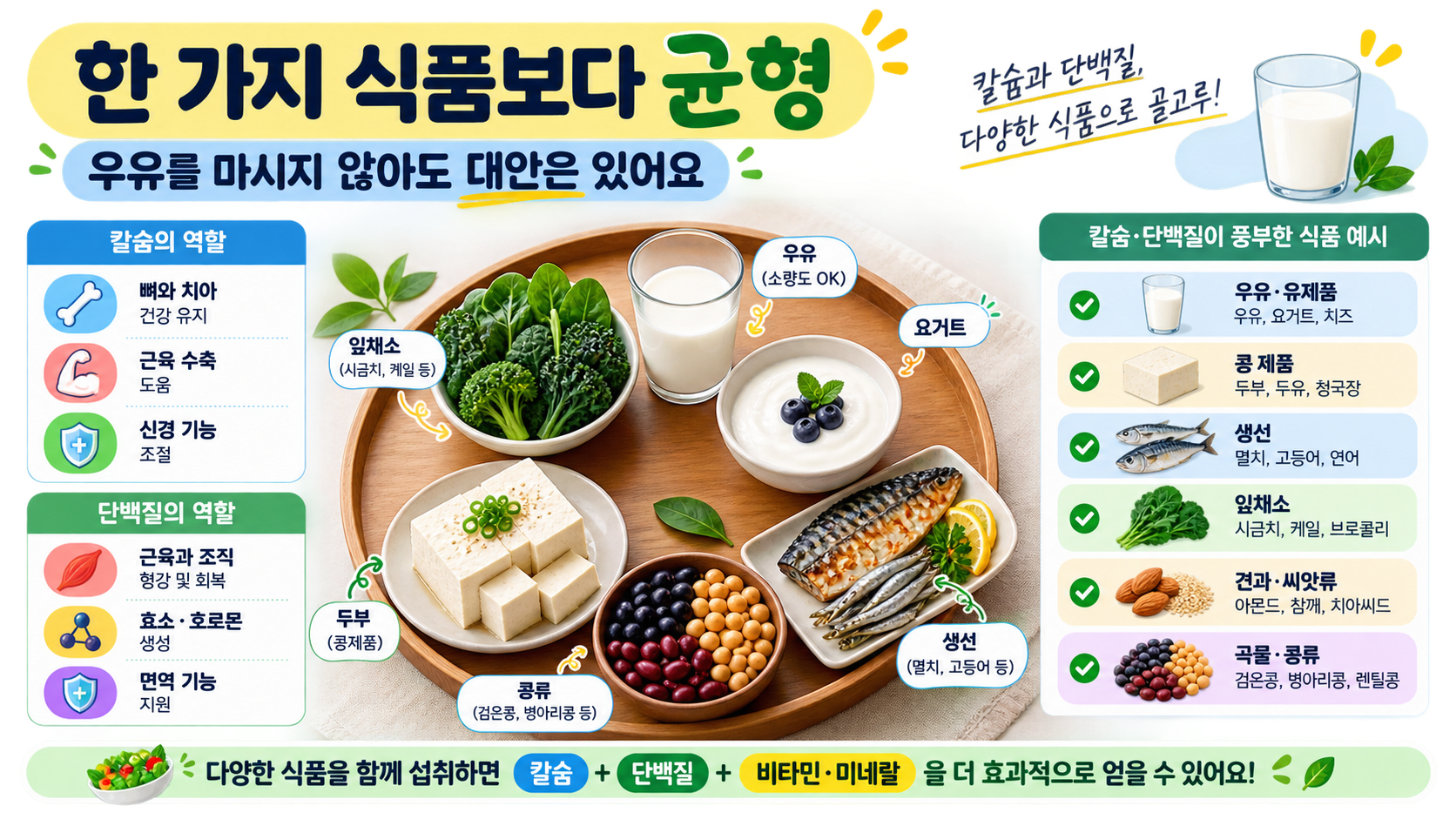 우유와 함께 또는 우유 대신 칼슘과 단백질을 얻을 수 있는 다양한 식품을 보여 주는 정보 카드