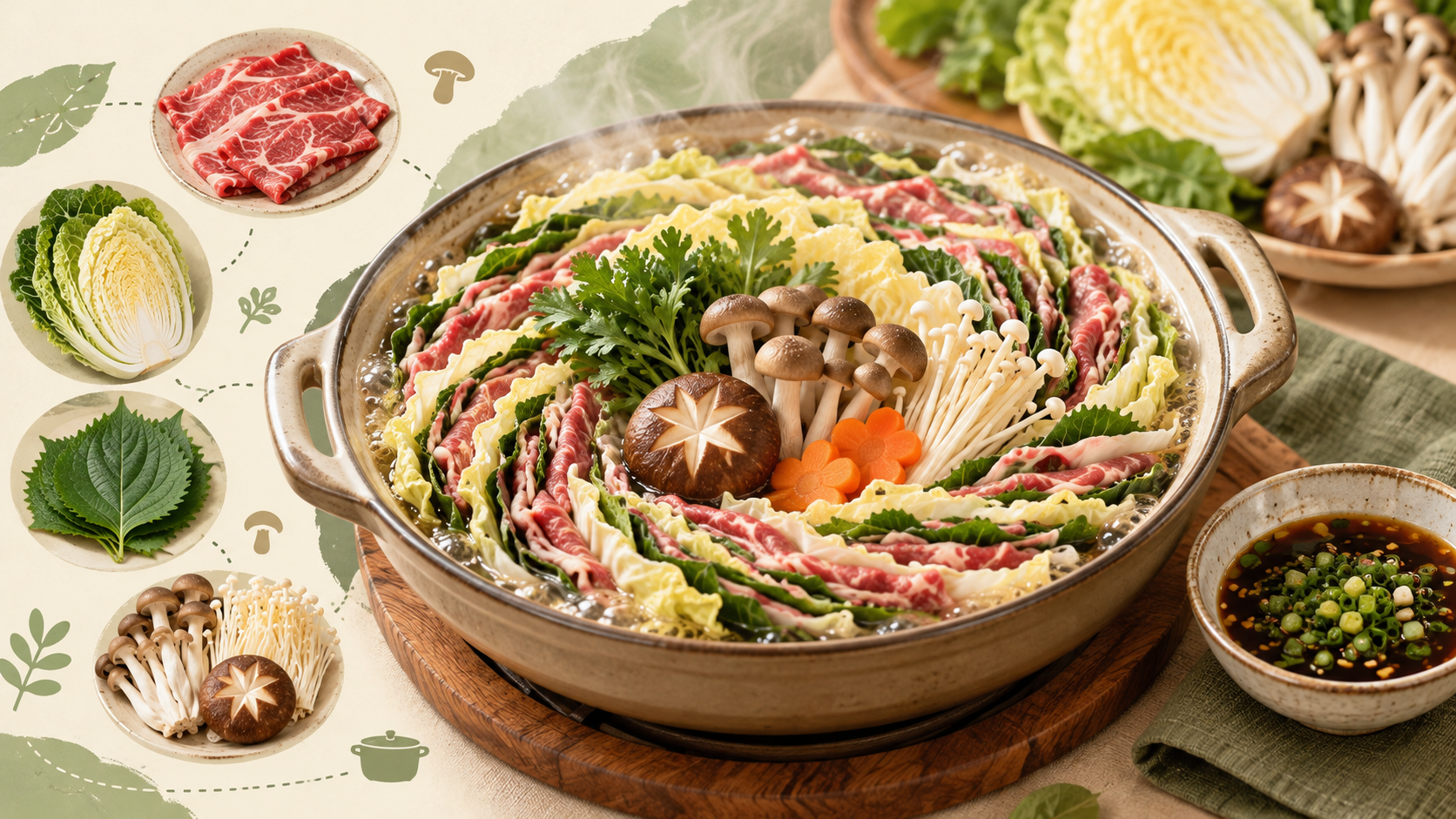배추와 깻잎, 소고기를 층층이 담아 끓인 밀푀유나베와 간장 소스