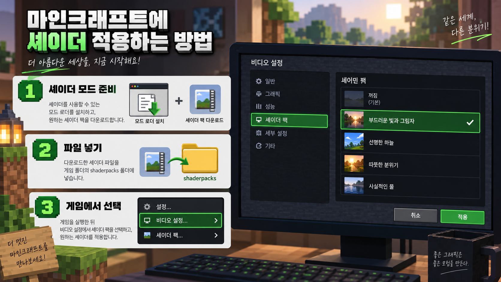 셰이더 모드 준비와 파일 넣기, 게임 설정 선택 단계