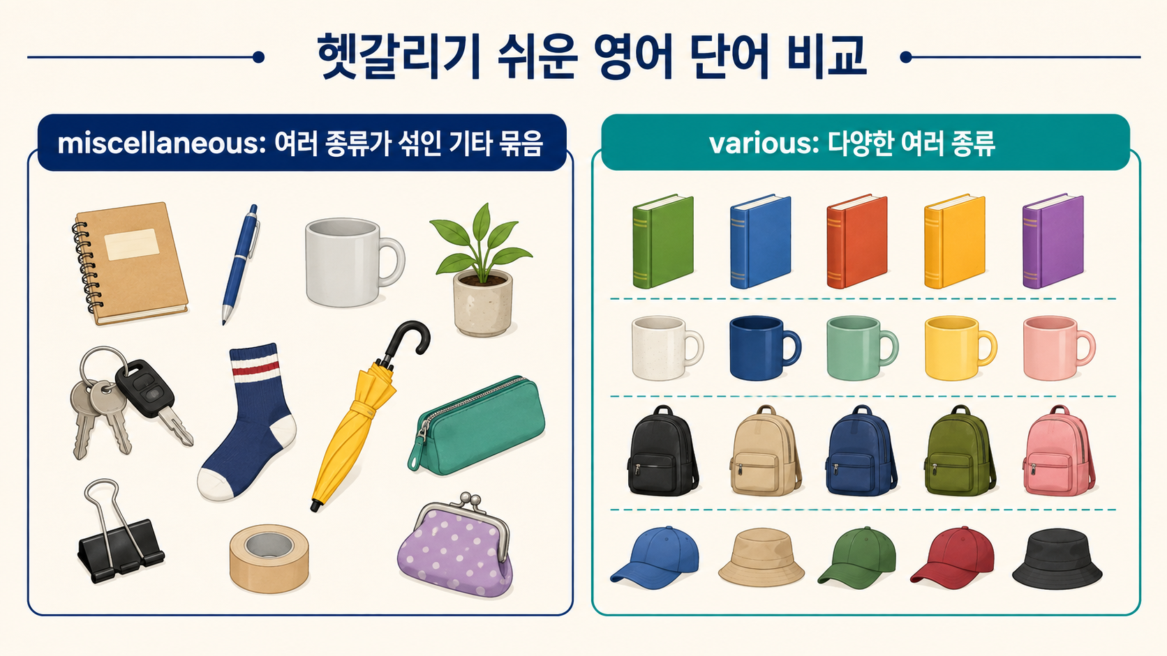 miscellaneous와 various 뜻의 차이를 비교한 정보카드
