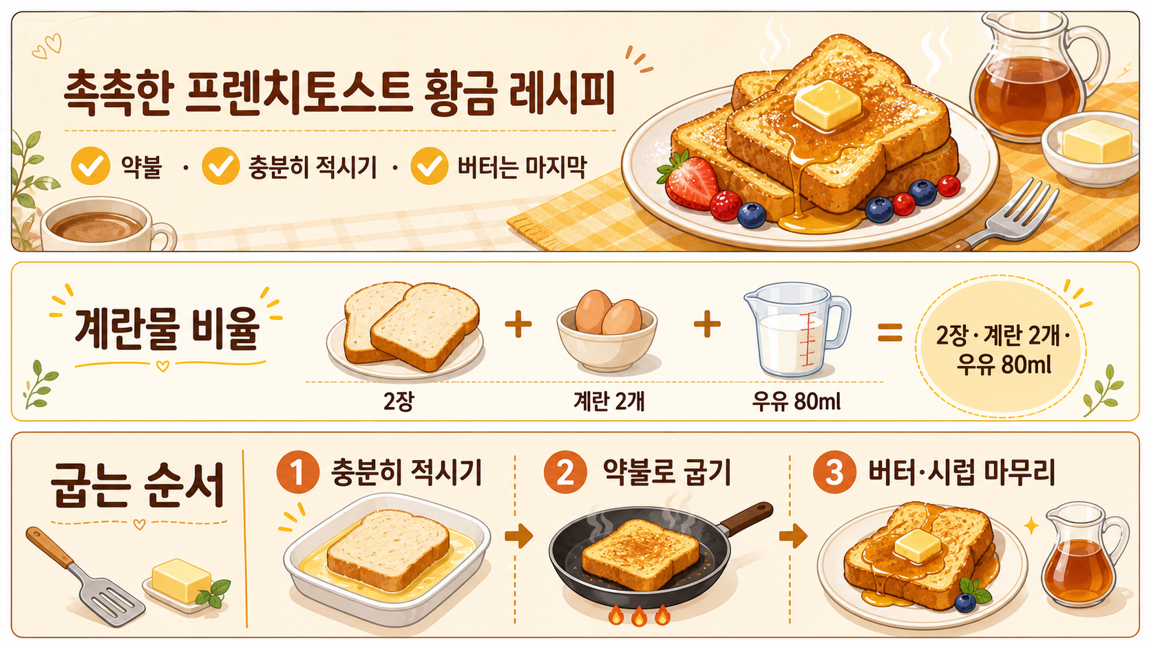 프렌치토스트를 충분히 적신 뒤 약불로 굽고 버터와 시럽으로 마무리하는 순서 정보카드
