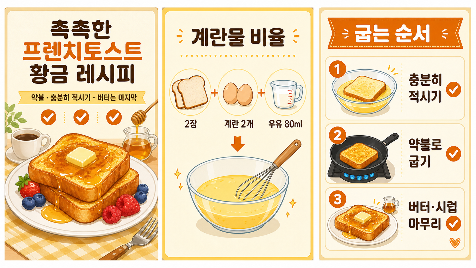 프렌치토스트 계란물 비율과 식빵 두 장 기준 재료를 보여 주는 정보카드