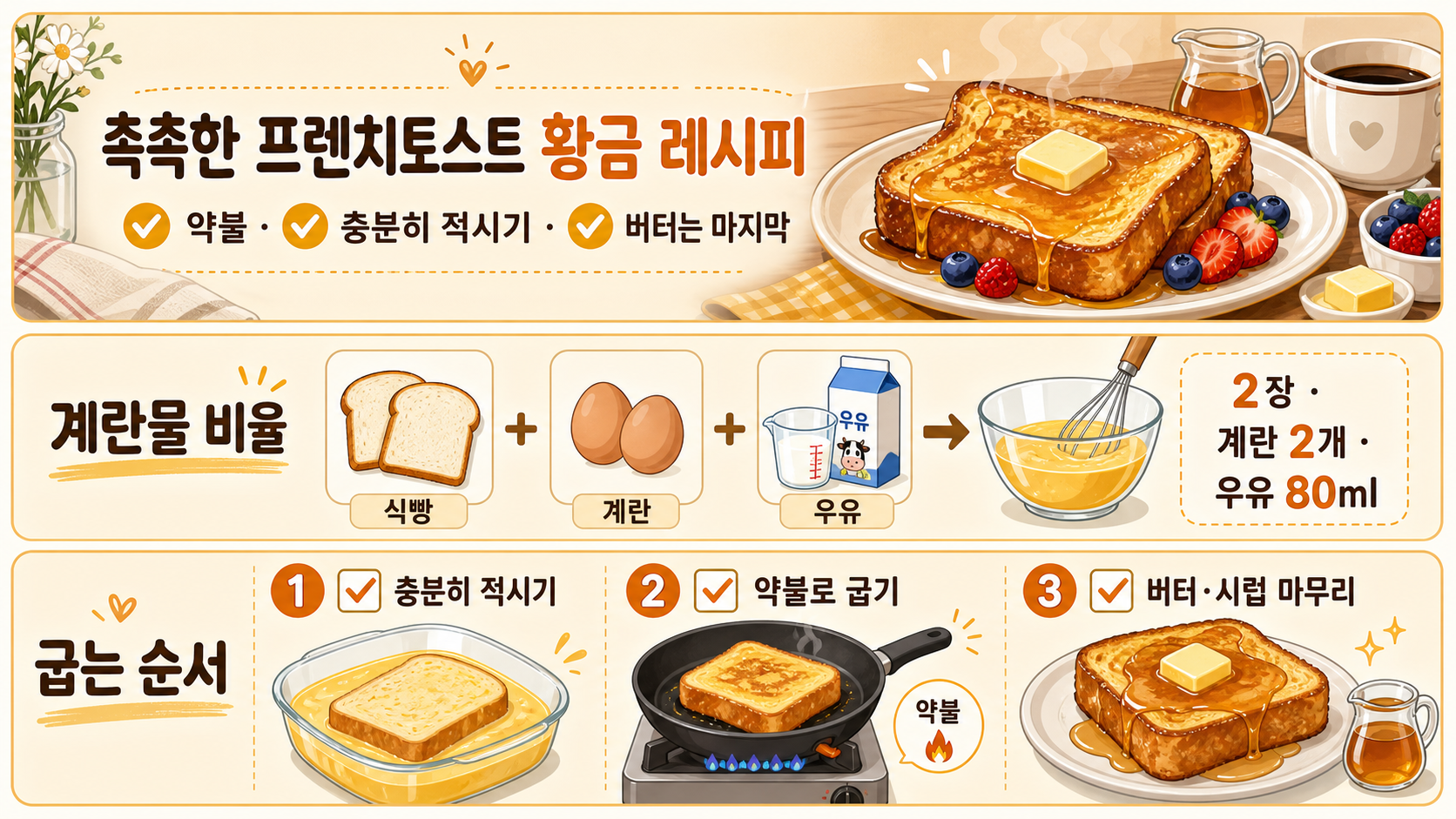 촉촉한 프렌치토스트 황금 레시피와 약불, 충분히 적시기, 버터 마무리 핵심을 담은 정보카드