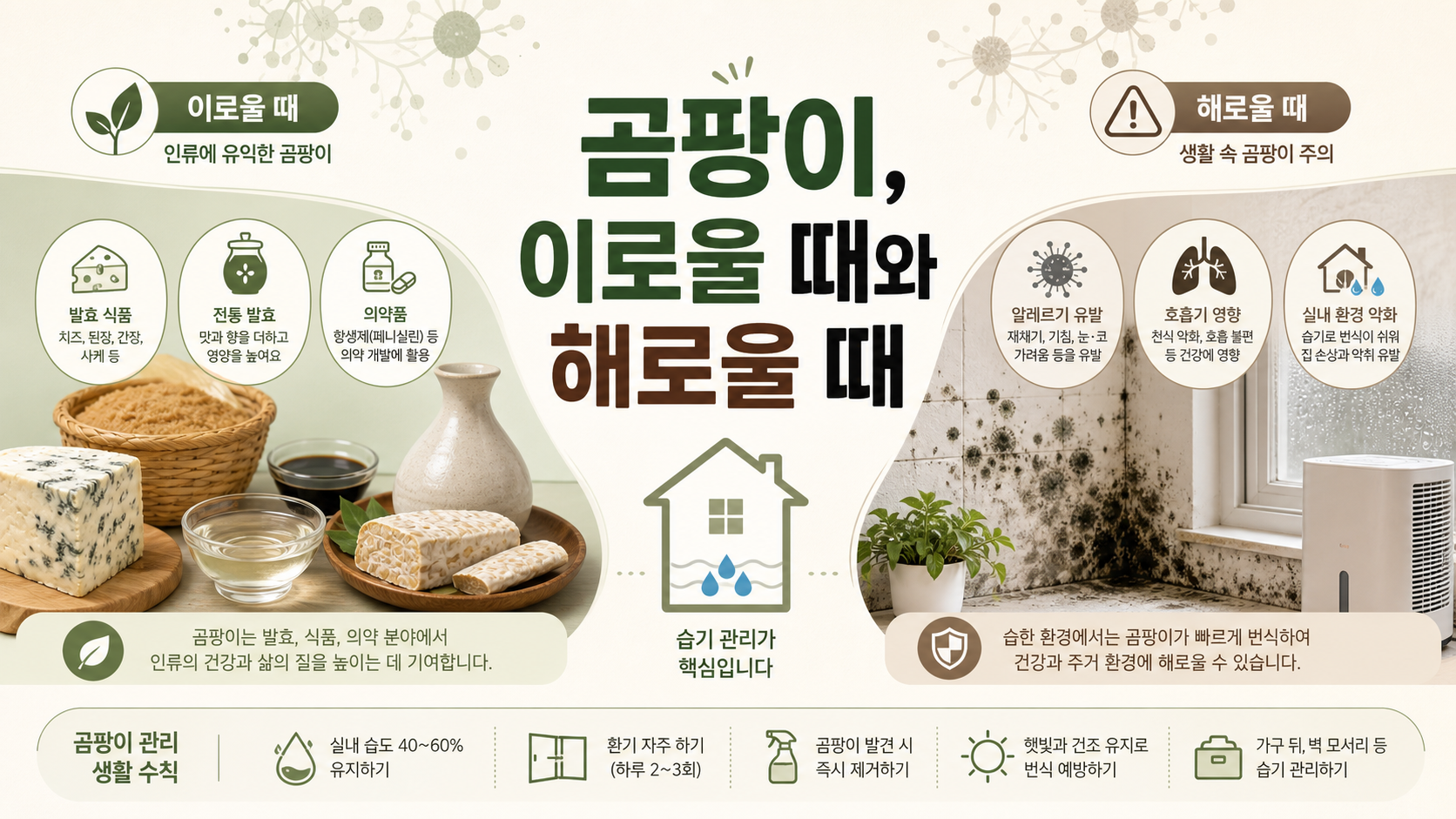 곰팡이가 이로울 때와 해로울 때를 안내하는 정보카드