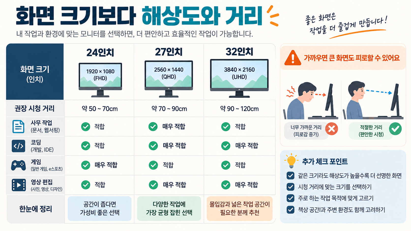 24인치, 27인치, 32인치의 해상도와 시청 거리 비교 정보카드