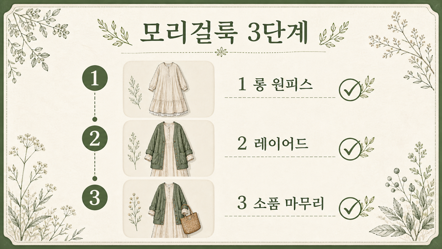 모리걸룩을 완성하는 세 단계 코디 정보카드