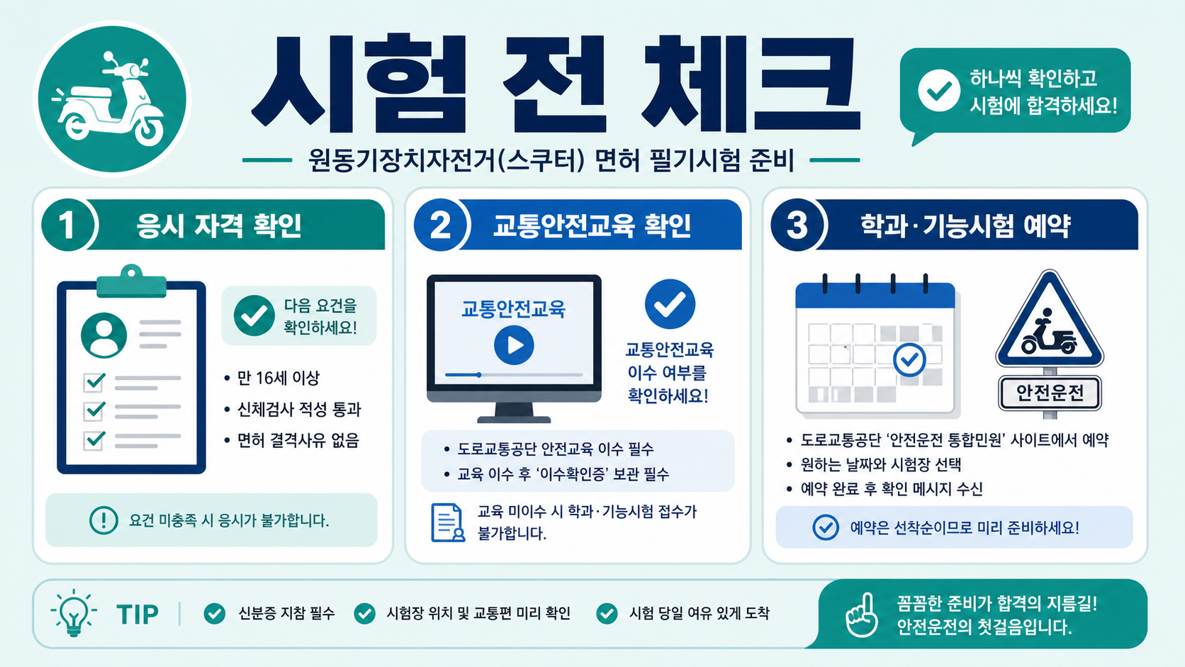 원동기면허 시험 전 응시 자격과 교육·시험 예약을 확인하는 정보카드