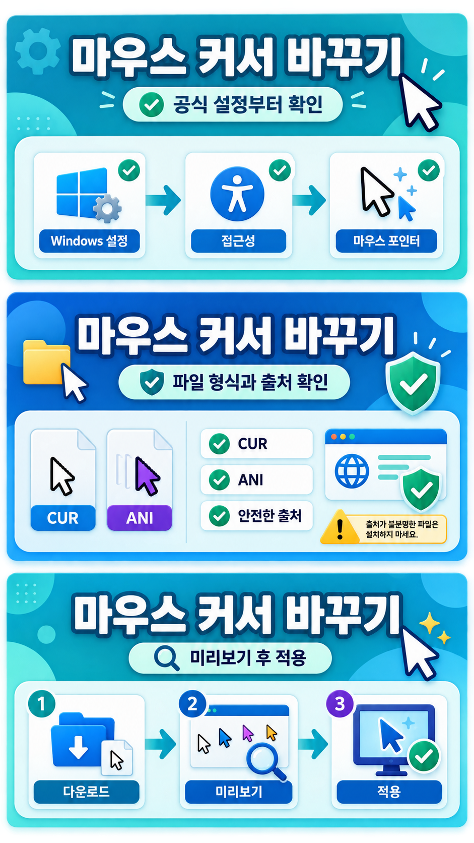 커서 적용 전 미리보기와 점검 순서를 보여 주는 정보카드