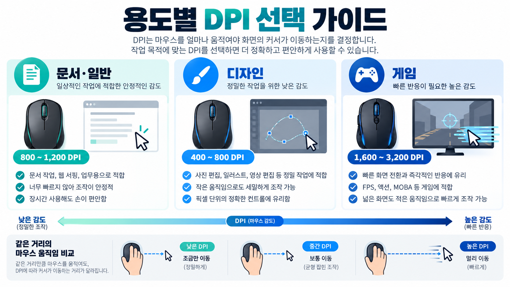 문서 작업 디자인 게임에 따른 DPI 선택 정보카드