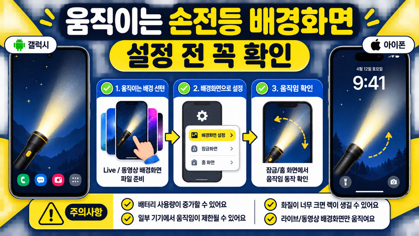 움직이는 손전등 배경화면 설정 전 확인 사항을 보여주는 한국어 정보카드