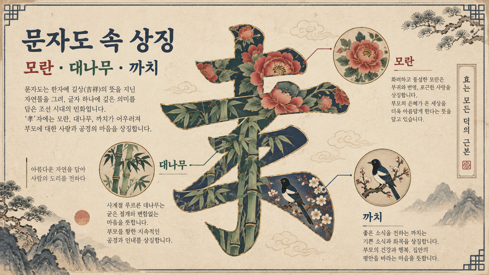 문자도 속 모란 대나무 까치 상징 정보카드