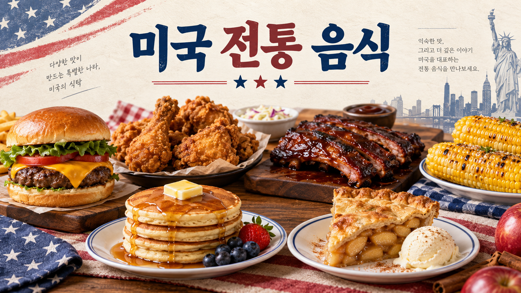 햄버거와 프라이드치킨, 바비큐 립, 팬케이크, 애플파이를 담은 미국 전통 음식 정보카드