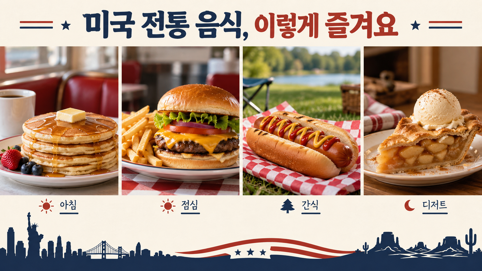 팬케이크, 햄버거, 핫도그, 애플파이를 차례로 제안하는 미국 음식 즐기기 정보카드