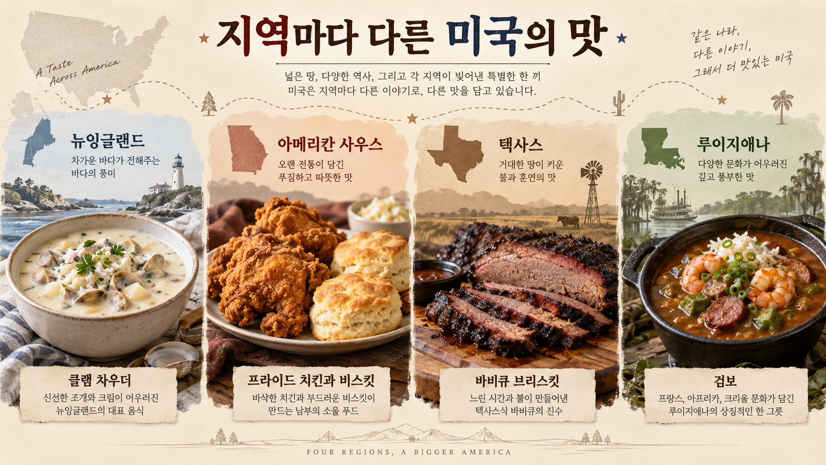 뉴잉글랜드 차우더, 남부 치킨, 텍사스 브리스킷, 루이지애나 검보를 비교한 정보카드