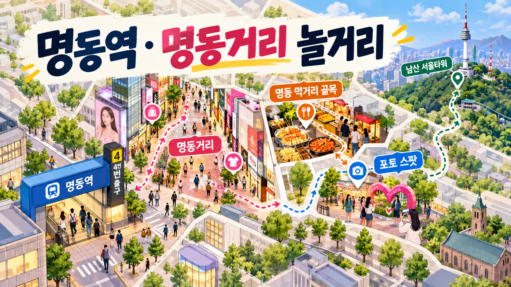 명동역과 명동거리 놀거리를 표시한 서울 여행코스 정보카드