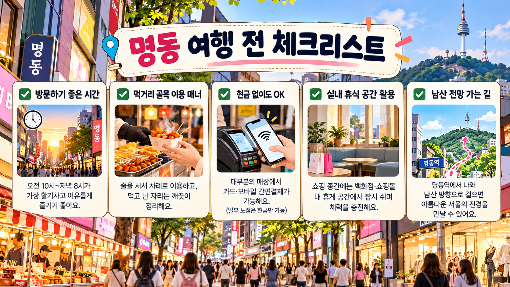 명동 여행 전 확인할 시간대와 결제와 휴식 정보를 담은 체크리스트 카드