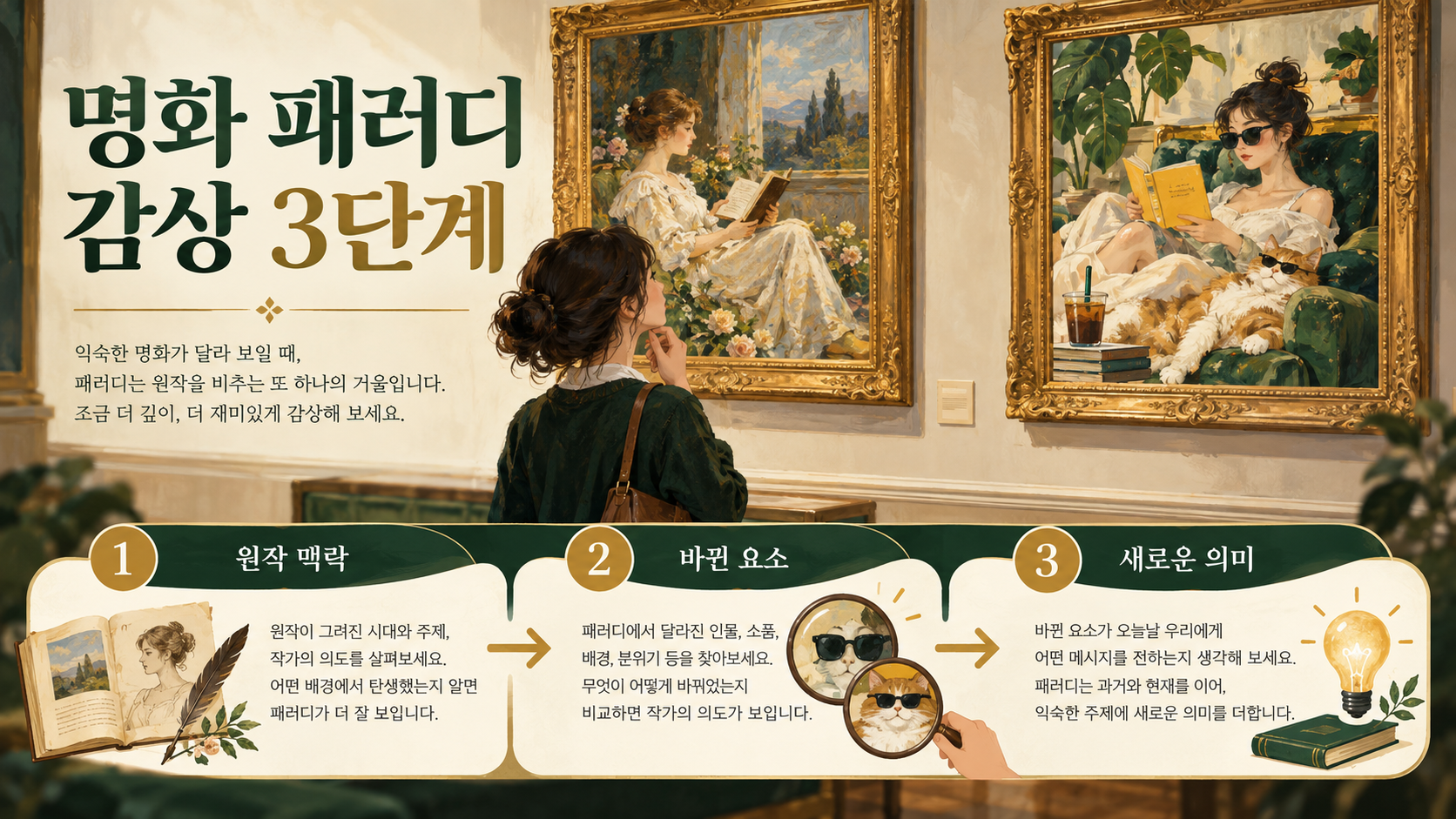 명화패러디 감상 세 단계를 보여 주는 갤러리형 정보카드