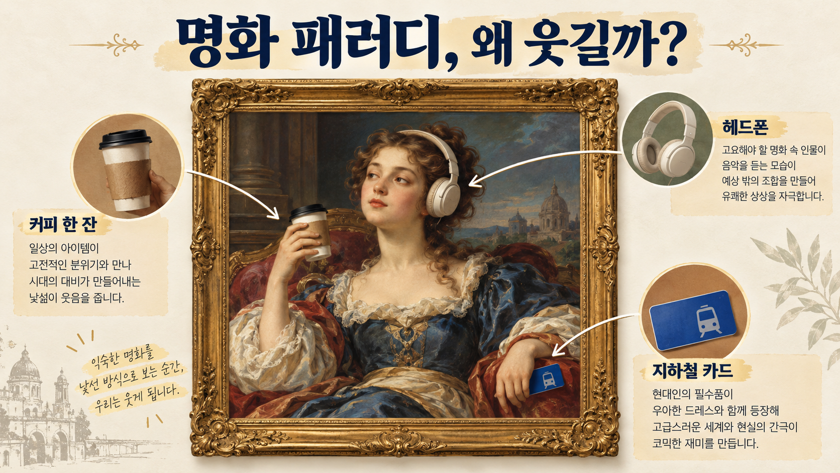 명화패러디가 웃긴 이유를 설명하는 소품 치환 정보카드
