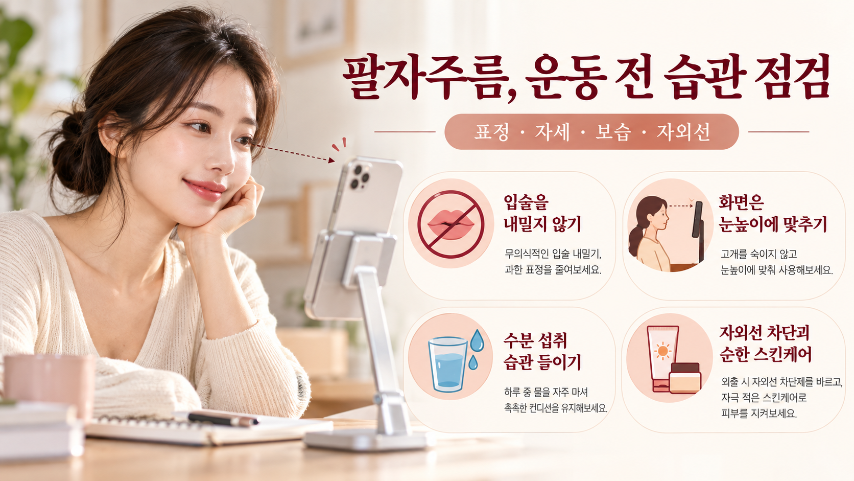 휴대폰 자세와 보습, 자외선 차단 습관을 점검하는 모습