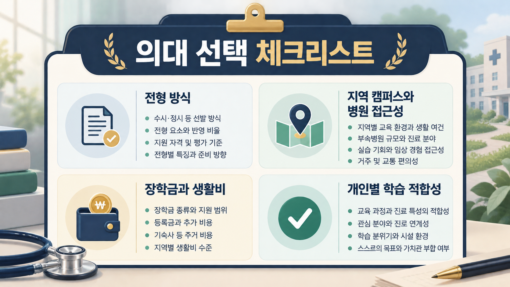 의대 선택 체크리스트를 보여 주는 한국형 정보카드