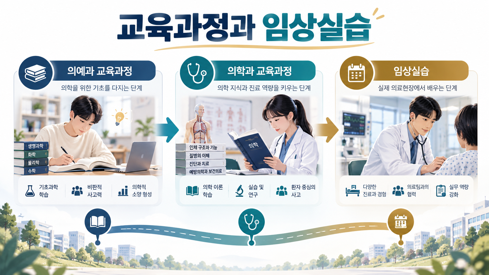 의예과부터 임상실습까지의 교육과정을 보여 주는 정보카드