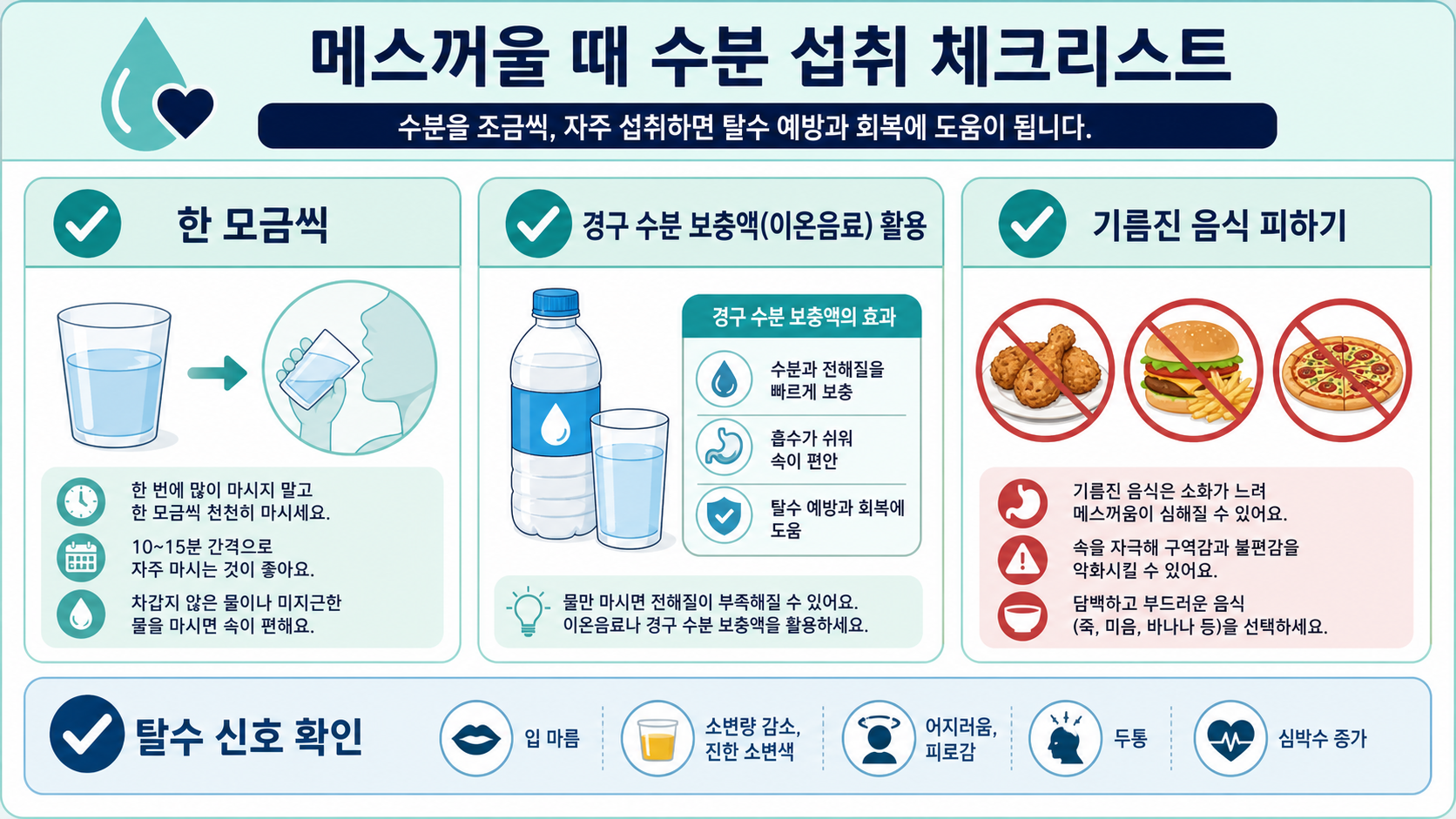 한 모금씩 수분 보충하고 탈수 신호를 확인하는 안내 카드