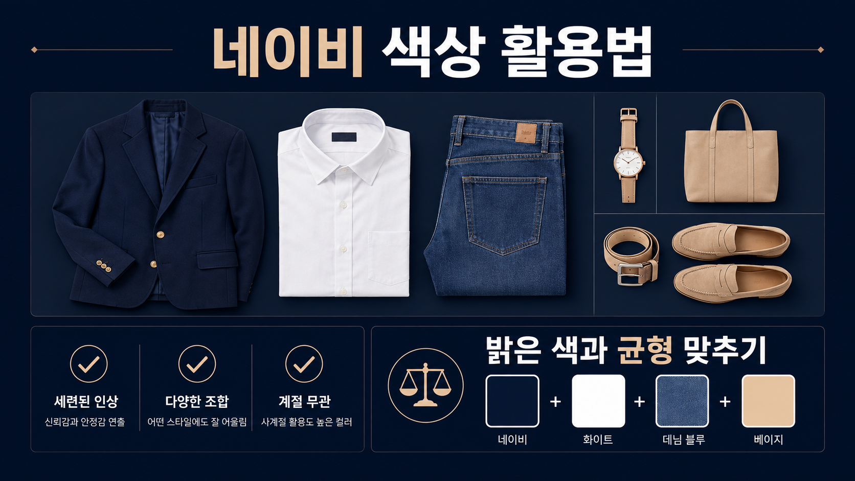 네이비 색상 활용법과 밝은 색 배색 원칙을 정리한 한국형 정보카드