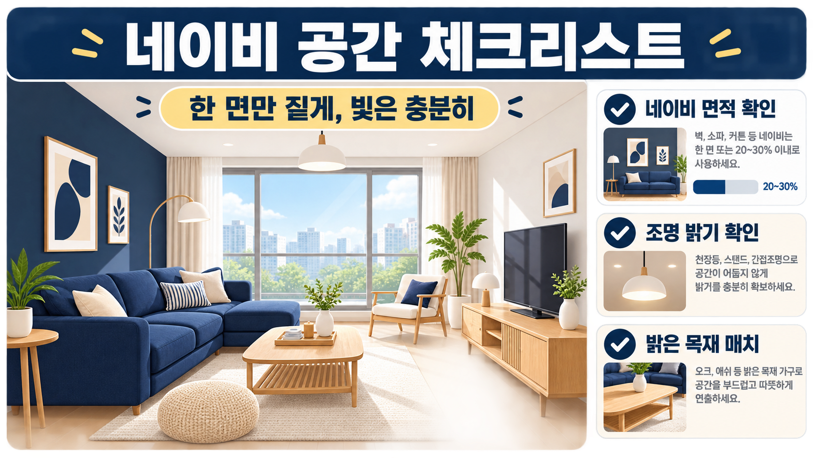 네이비 색상으로 공간을 꾸밀 때 면적과 조명을 확인하는 체크리스트 정보카드