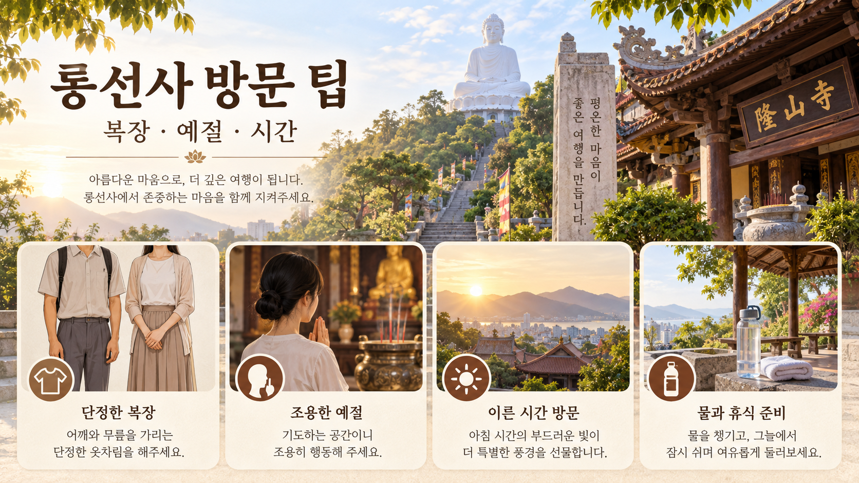 롱선사 방문 복장과 예절, 오전 관람 팁 정보카드