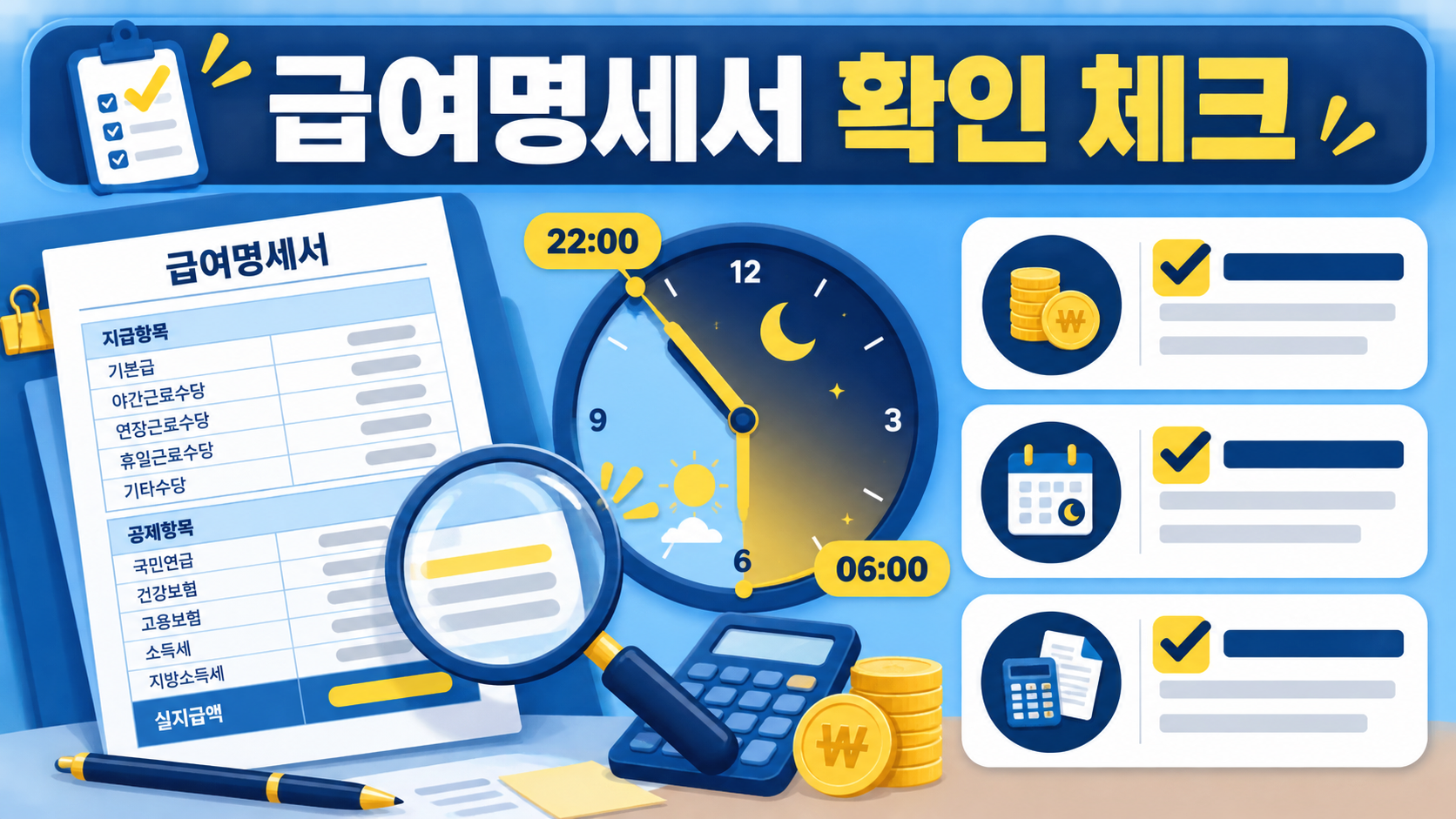 급여명세서와 야간 시간 시계를 함께 보며 수당 항목을 확인하는 체크리스트 정보 카드
