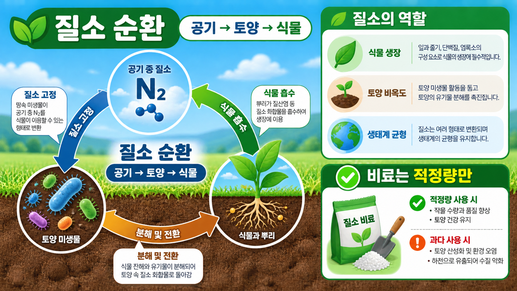 질소 순환과 토양·식물에서의 역할을 설명하는 정보카드