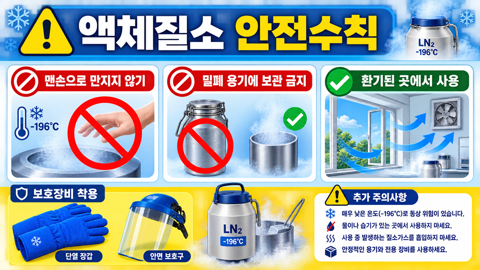 액체질소를 안전하게 다루기 위한 보호장비와 환기 수칙 정보카드