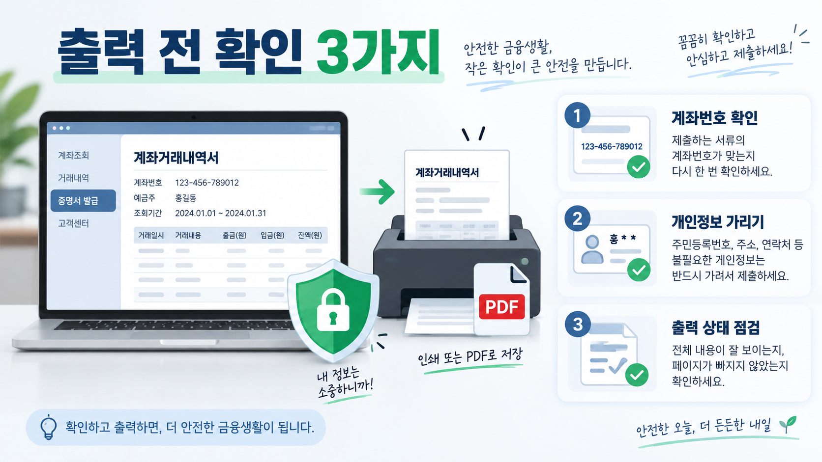 통장사본 출력 전 계좌번호와 개인정보, 페이지 상태를 확인하는 정보카드