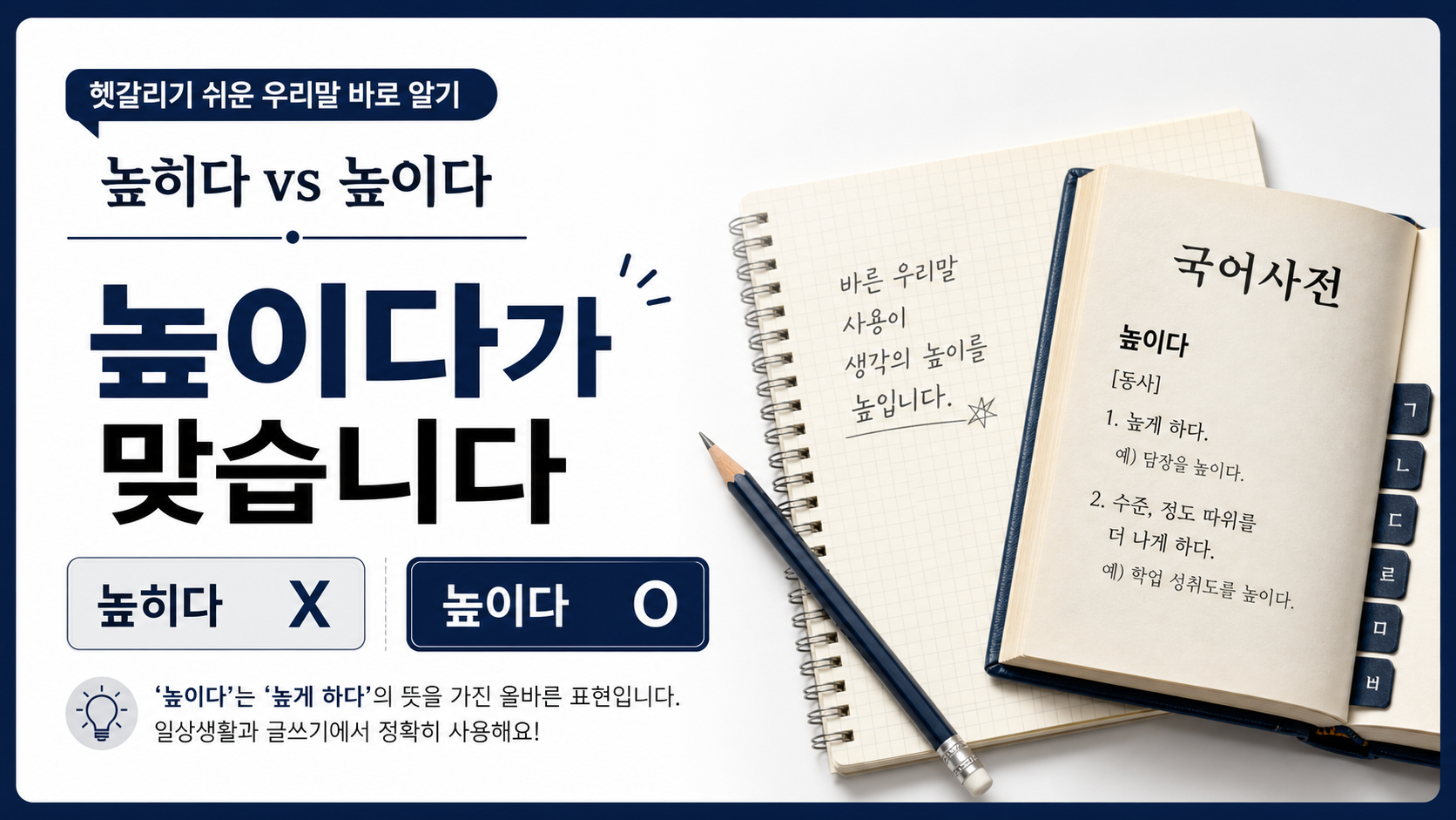 높히다와 높이다의 올바른 표기를 안내하는 정보카드