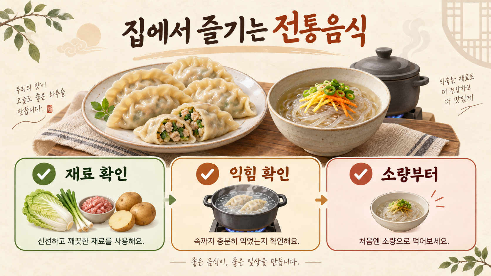 만두와 감자국수를 집에서 조리할 때 재료와 익힘을 확인하는 정보 카드