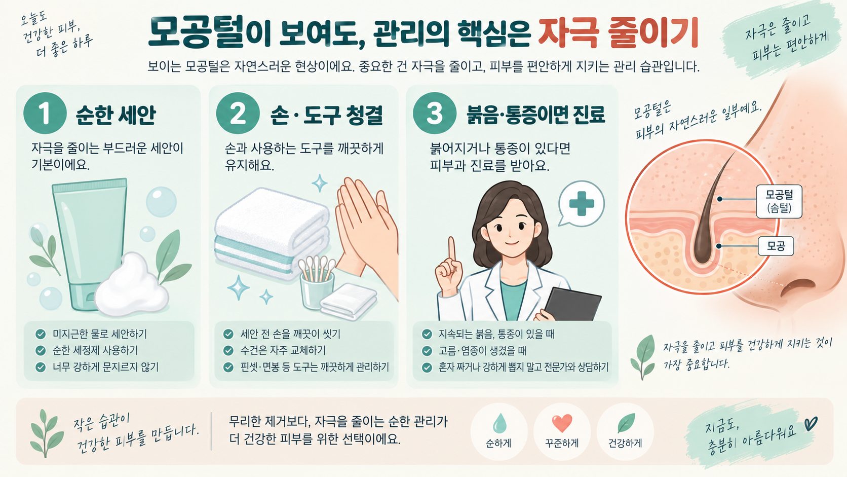 순한 세안과 진료가 필요한 신호를 설명하는 한국어 정보카드