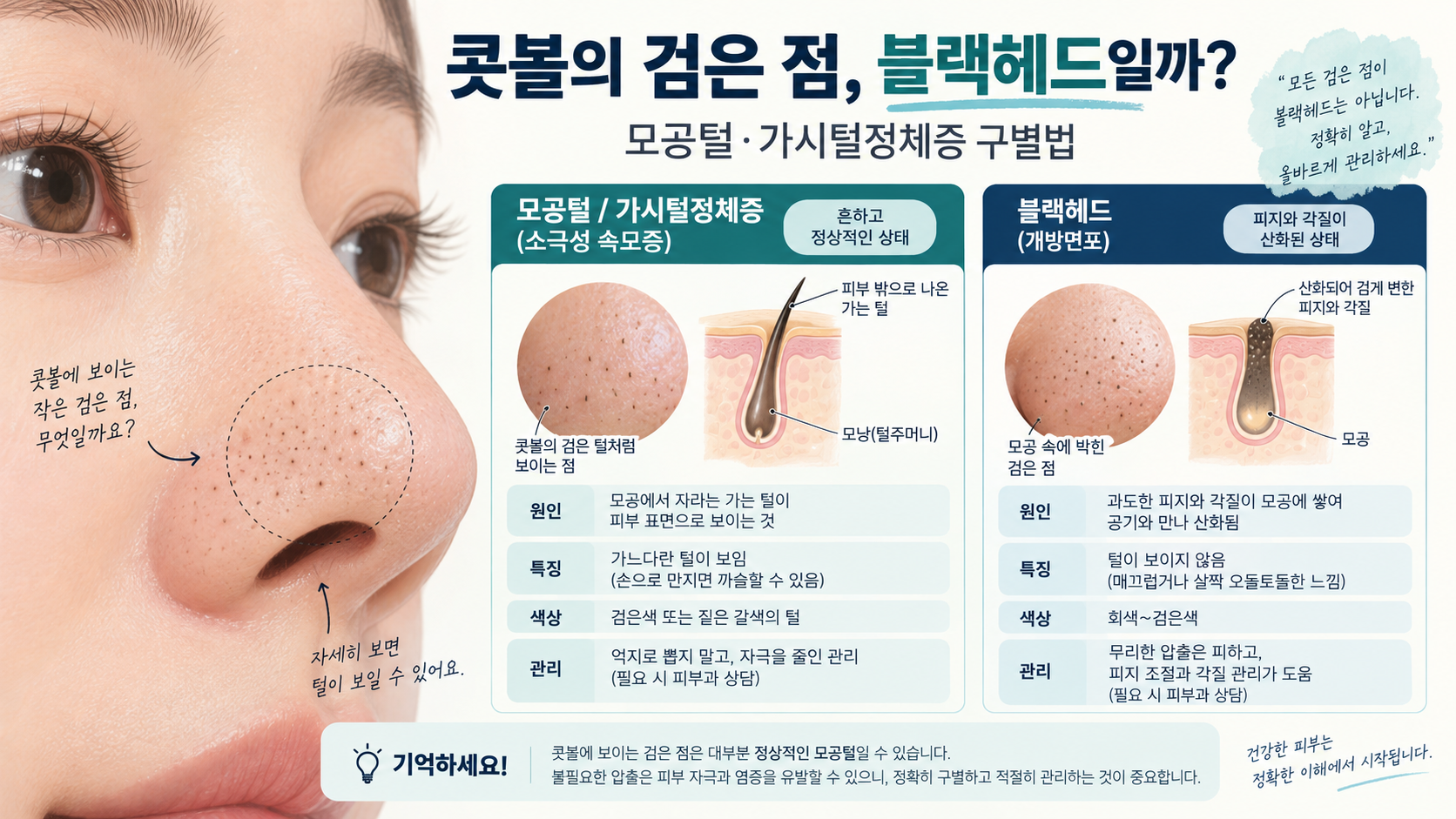 콧볼 모공털과 블랙헤드의 차이를 설명하는 한국어 정보카드