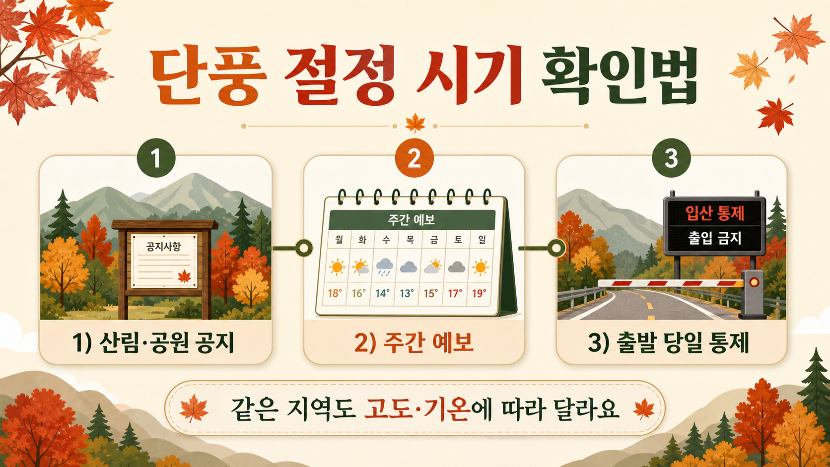 단풍 절정 시기를 공식 공지와 주간 예보, 당일 통제로 확인하는 세 단계 정보카드