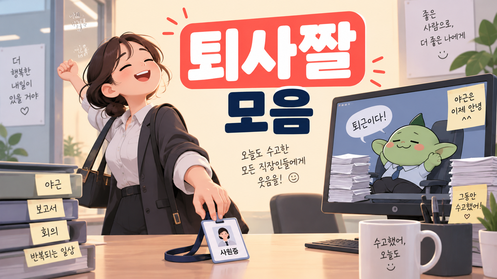 사원증을 내려놓으며 웃는 직장인과 퇴사짤 모음 정보카드