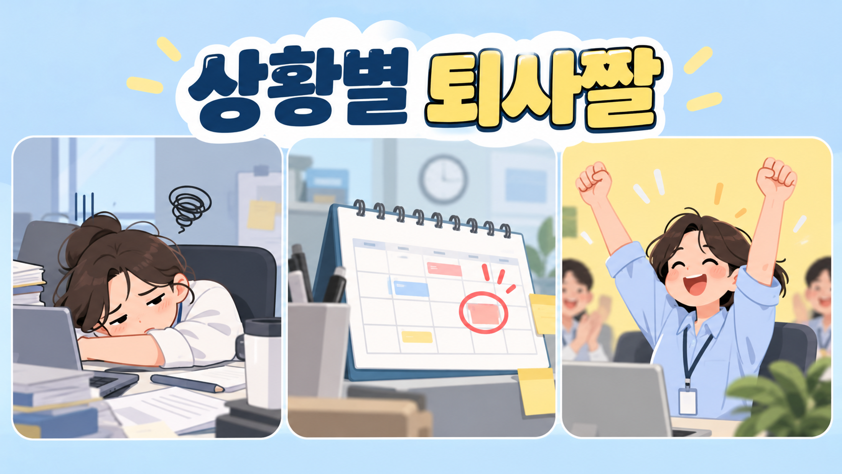 피곤한 업무, 달력, 환호하는 직장인을 나눈 상황별 퇴사짤 정보카드
