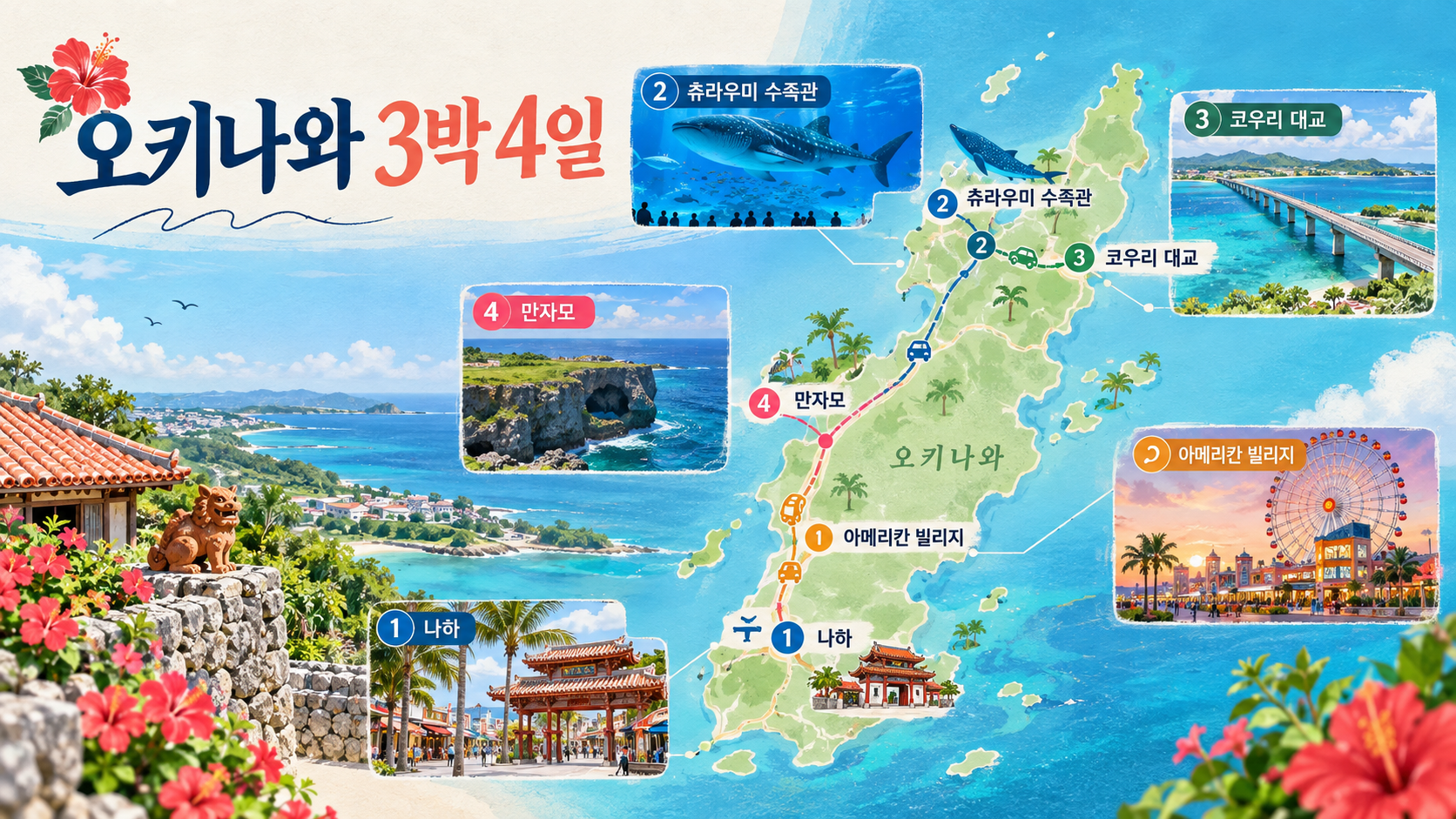 오키나와 3박 4일 주요 여행지와 이동 순서를 표시한 정보카드