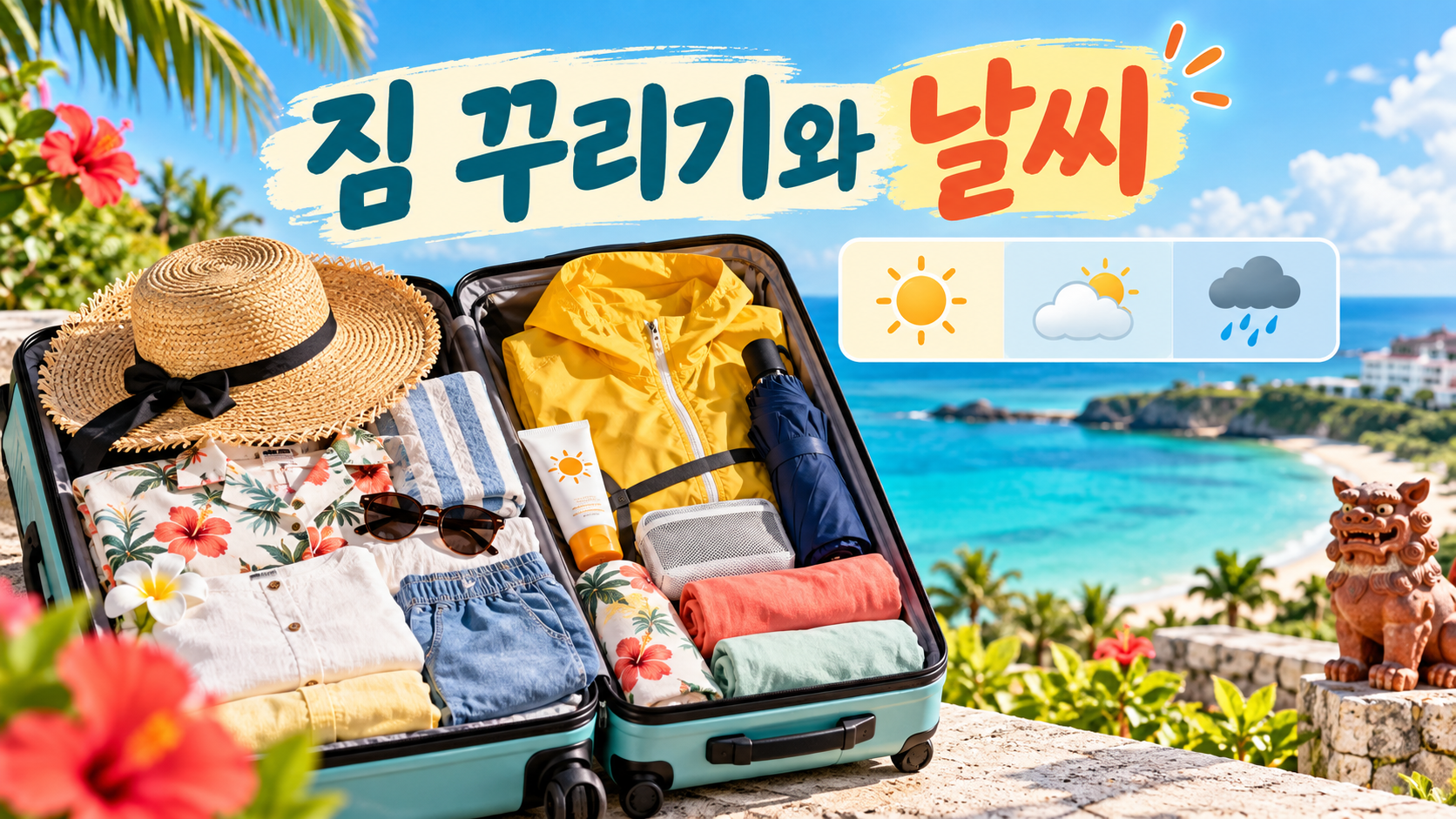 오키나와 여행용 가방과 햇빛·구름·비 날씨 아이콘 정보카드