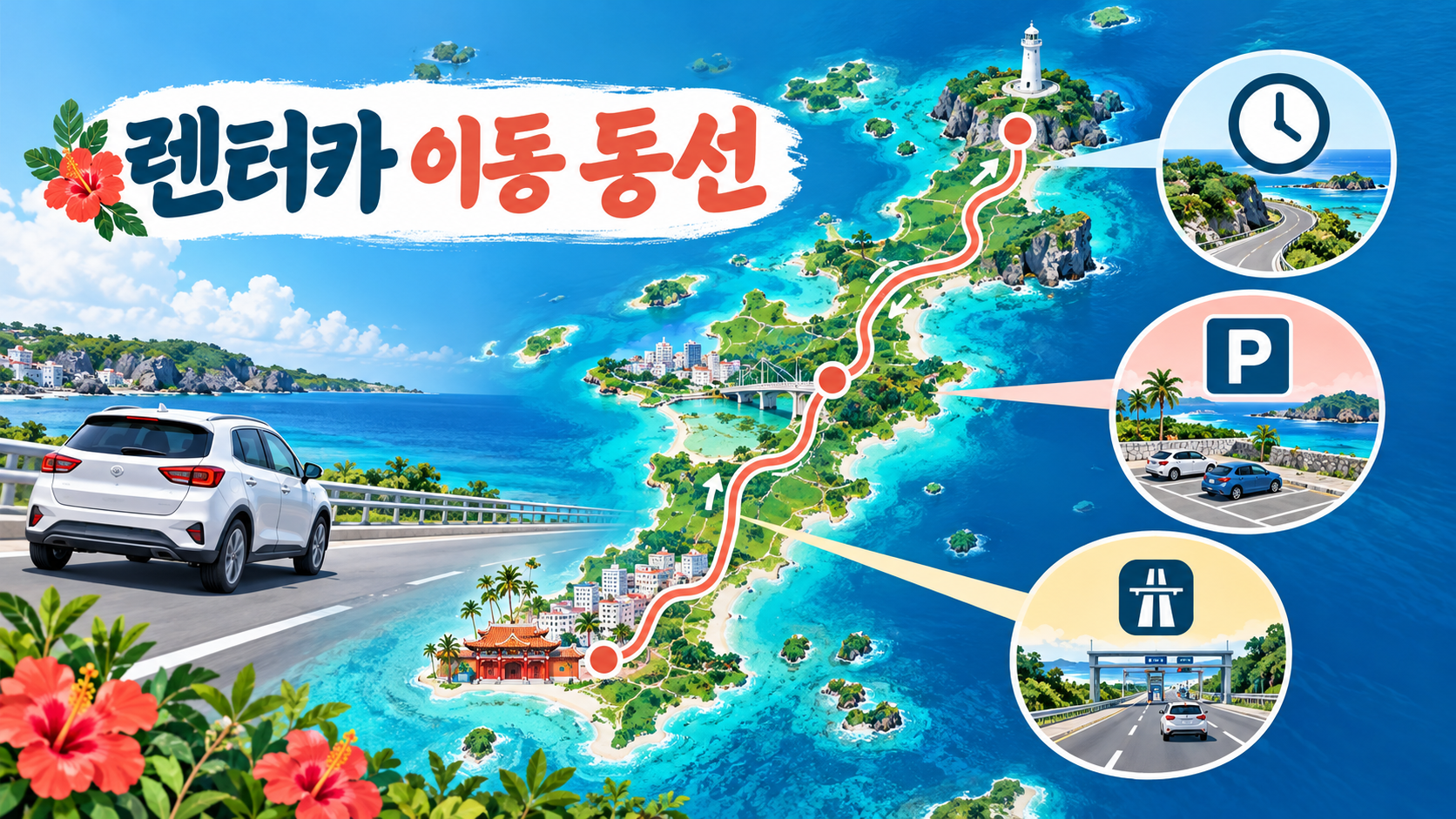 렌터카로 오키나와 남부에서 북부까지 이동하는 동선 정보카드