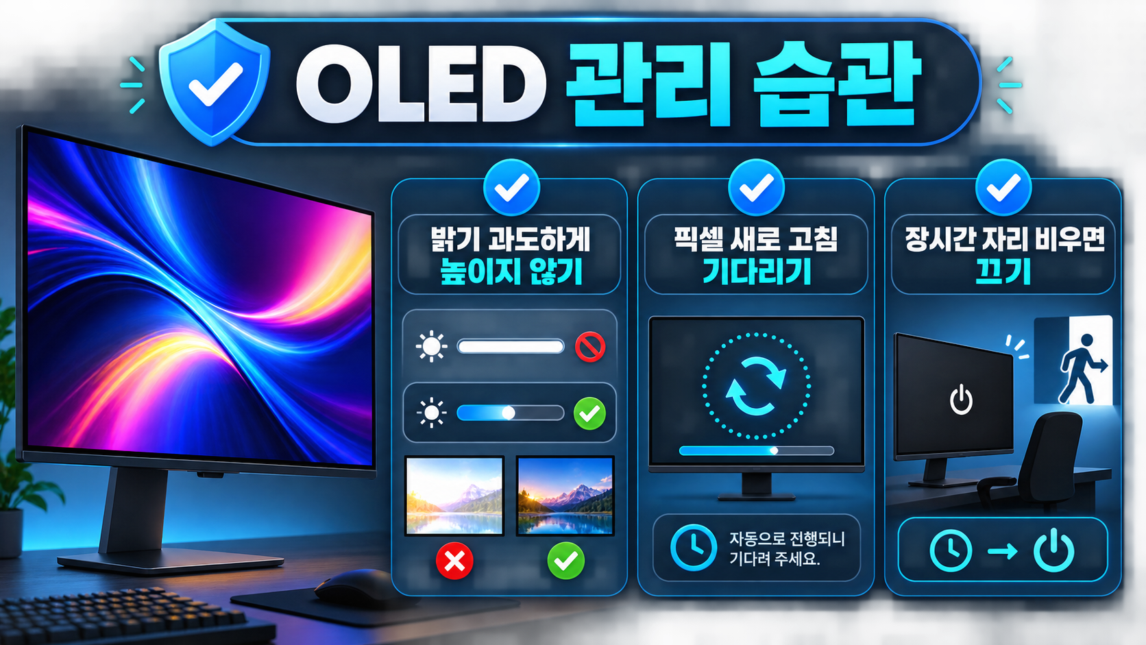 OLED 밝기 조절, 픽셀 새로 고침 대기, 자리 비울 때 화면 끄기 습관을 보여주는 정보카드
