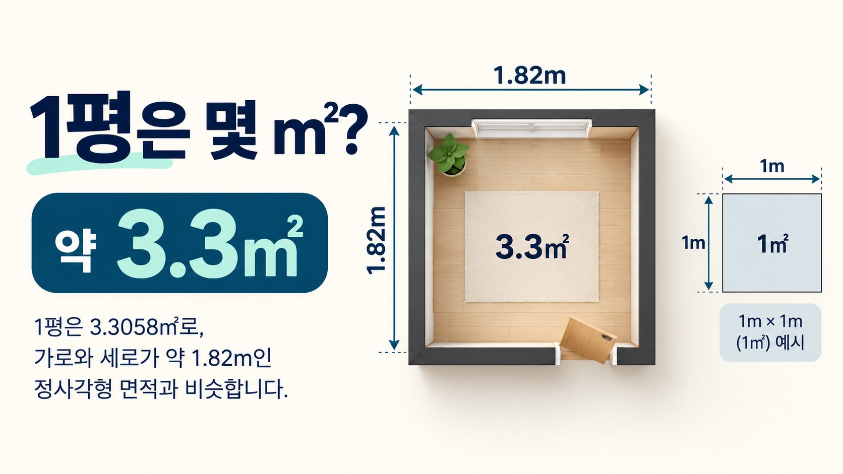 1평의 제곱미터와 가로세로 예시를 보여 주는 정보카드