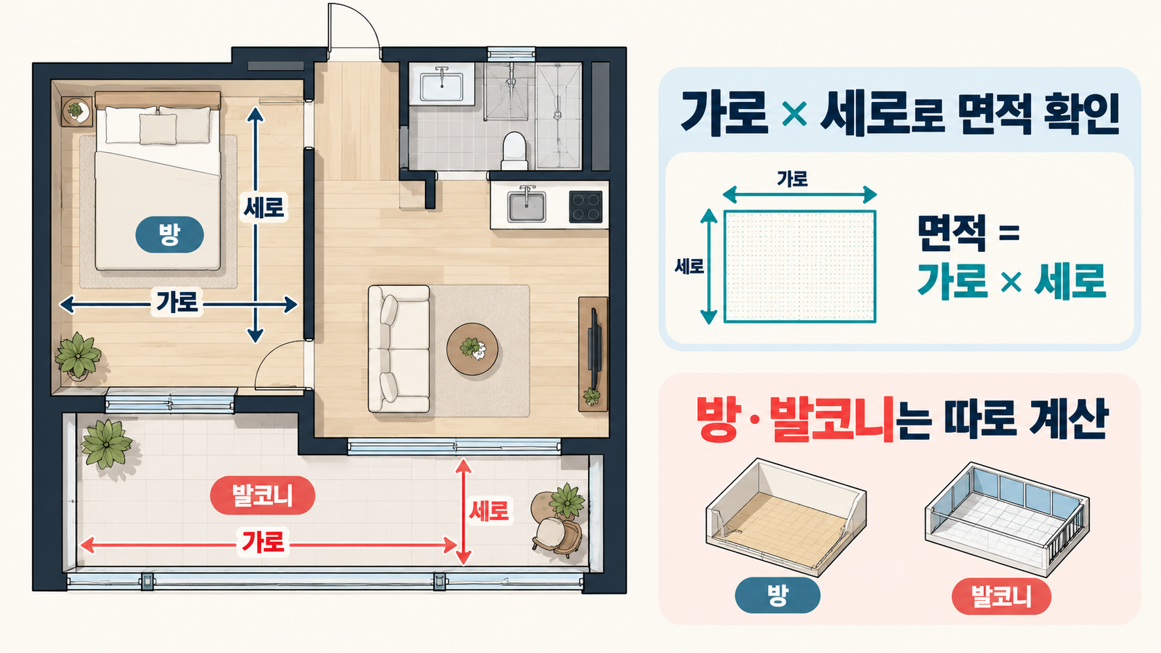 방과 발코니의 가로세로 면적 계산을 설명하는 정보카드