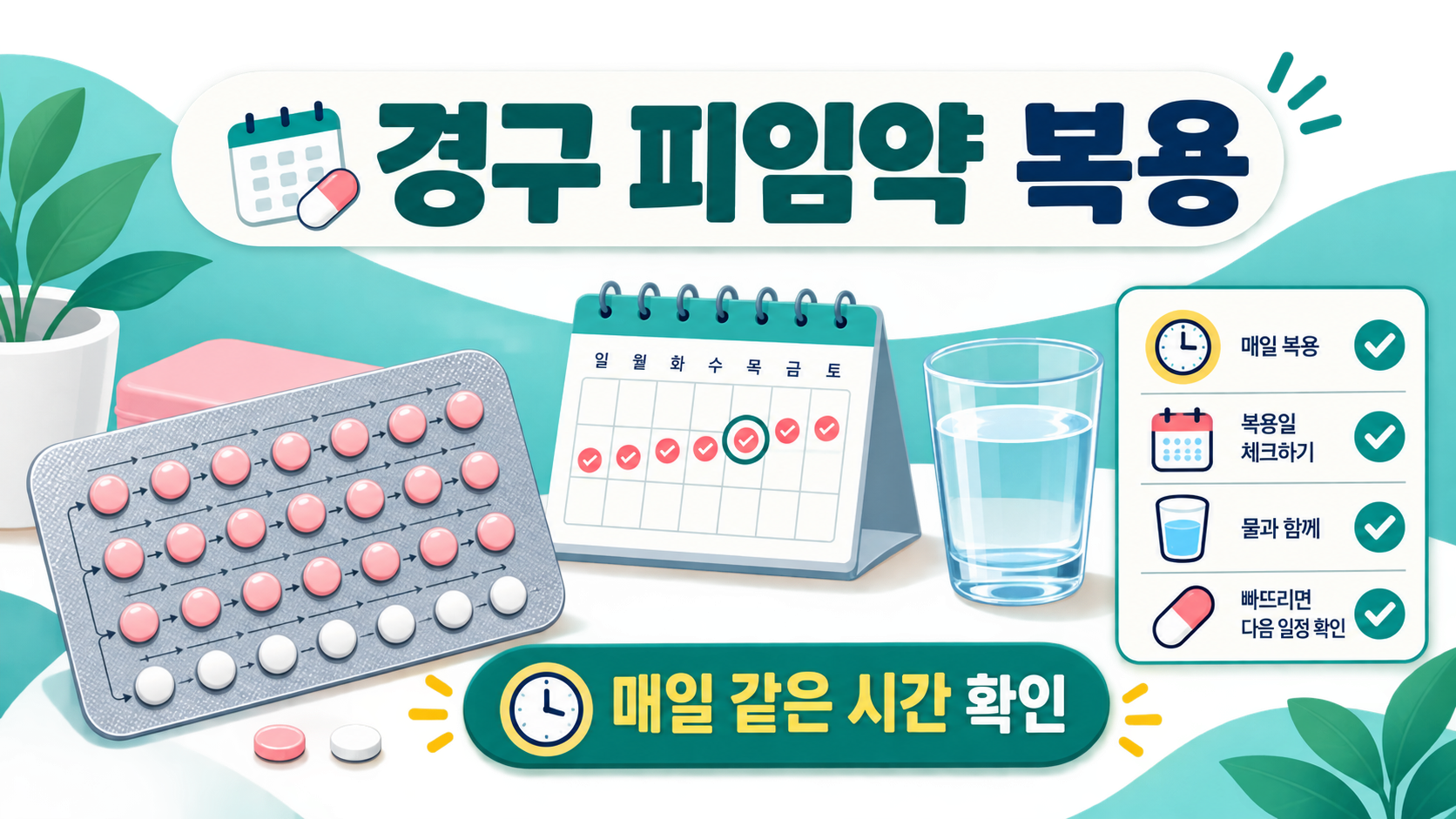 경구 피임약 복용 시 매일 같은 시간 확인을 안내하는 정보카드