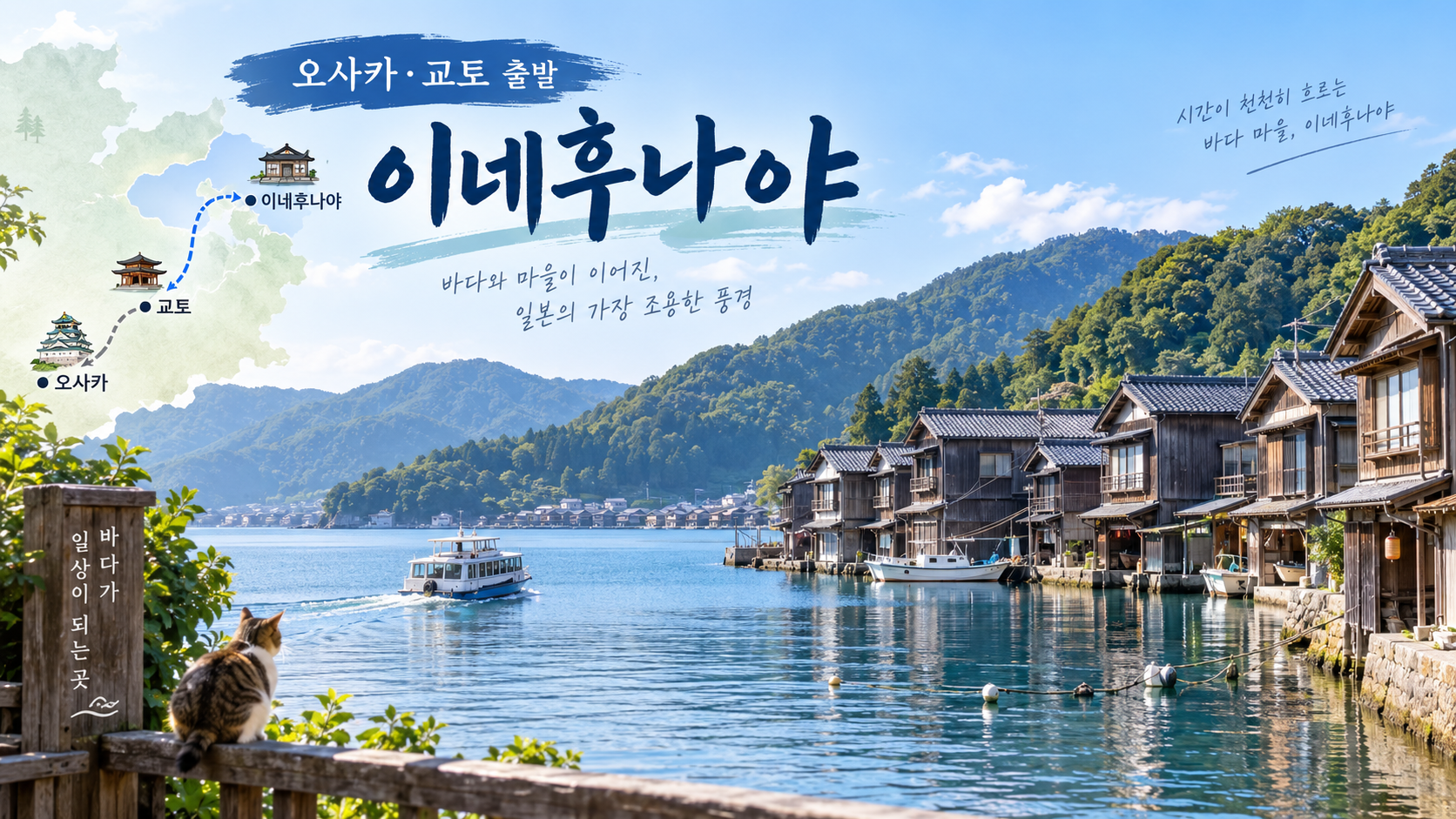 오사카와 교토에서 이네후나야로 향하는 경로와 바닷가 후나야 풍경 정보카드